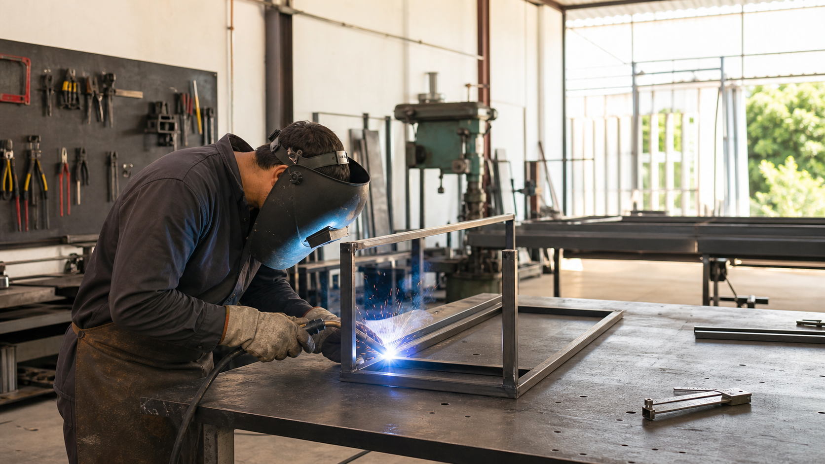 Profissional realizando soldagem em oficina industrial