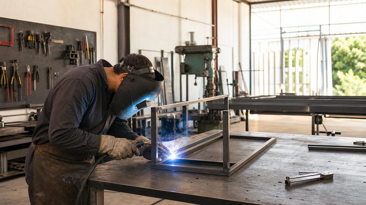 Profissional realizando soldagem em oficina industrial